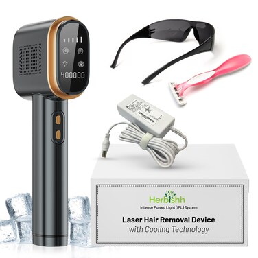 Herbishh IPL Laser Hair Removal Device, Painless Cooling Technology- 400,000 Flashes, Hair Removal Machine with 5 Intensity Levels, Skin Sensor &amp; Dual Flash Modes- Manual &amp; Auto, For Face &amp; Body Black