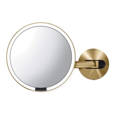 simplehuman Sensor Mirror, Wall Mount Makeup Mirror with Light, 8" Round Lighted with Magnification (5X), Hard Wired, Swing Arm, Brass Stainless Steel