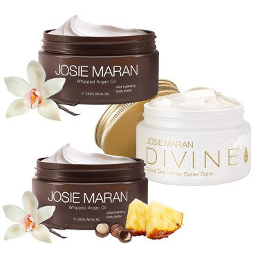 Josie Maran Whipped Argan Oil Body Butter &amp; Divine Drip Honey Butter Balm Trio - 3-Piece Body Butter Gift Set with Skin Firming Creams in Blissful Beach, Golden Vanilla &amp; Honey Fig (3 Piece Set)