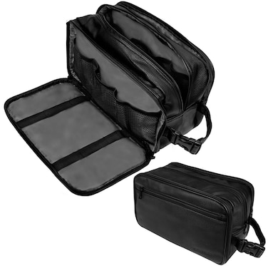 PAVILIA Toiletry Bag for Men, Travel Toiletries Bag   Water-resistant Dopp Kit, PU Leather Shaving Pouch Organizer for Accessories, Cosmetic, Hygiene, Grooming Essentials (Black)