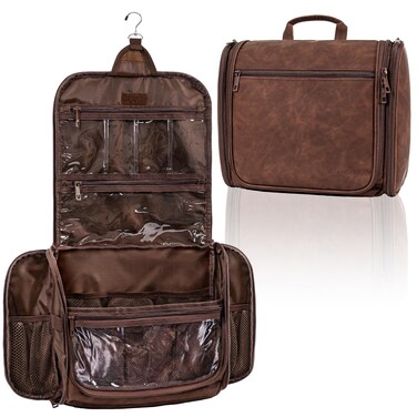 PAVILIA Large Hanging Toiletry Bag Travel Bag Women Men, PU Leather Cosmetic Organizer, Water Resistant Makeup Bag Accessories Toiletries, Travel Essentials Kit, Brown