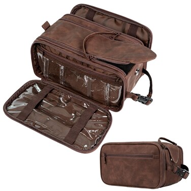 PAVILIA Toiletry Bag for Men Women, Mens Travel Bag Toiletries Organizer Case for Grooming, Travel Essentials Shaving Dopp Kit, PU Leather Water Resistant Cosmetic Pouch, Dark Brown