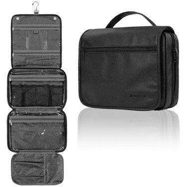 PAVILIA Hanging Toiletry Bag Women Men, Foldable Cosmetic Organizer Travel Bag, Water Resistant Makeup Bag Toiletries, Large Travel Essentials Kit (Black)