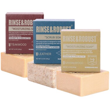 Rinse &amp; Robust Mens Bar Soap Bath Bar Soap 3Pack Handmade Natural Soap Bar Set Cleansing Bar Moisturizing&amp;Exfoliating Scrub Soap Gift Set for Men   Leather, Sandalwood, Teakwood   3.5 oz of 3 Bars