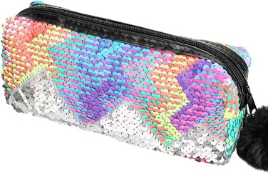 PHOGARY Sequin Preppy Pencil Case for Girls, Fluffy Zip Pull Pouch Bag Holographic Pen Case Sparkling School Stuff Shimmery Glitter Makeup Bag (Purple, Silver)