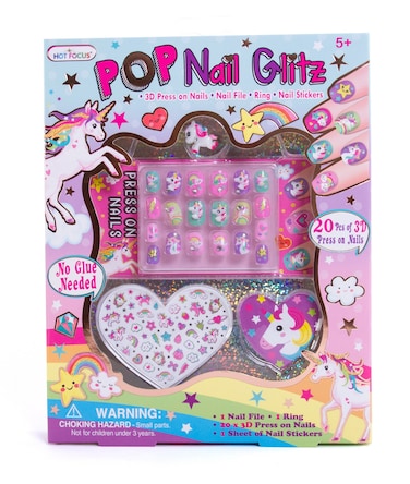 Hot Focus Unicorn Nail Art Kit - 3D Press On Nails, Stickers, File &amp; Ring - 65 Piece Set for Girls 5+