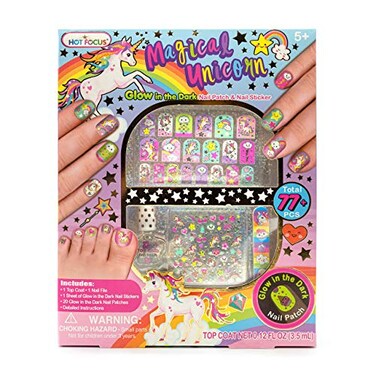 Hot Focus Unicorn Nail Kit &ndash; Kids Nail Polish Set for Girls Ages 5 6 7-12 with 77+ Pieces, Spa Kit, Nail Art Decoration Set, Glow-in-the-dark, Stickers, and Water-Based Polish - Girls' Nail Kit.