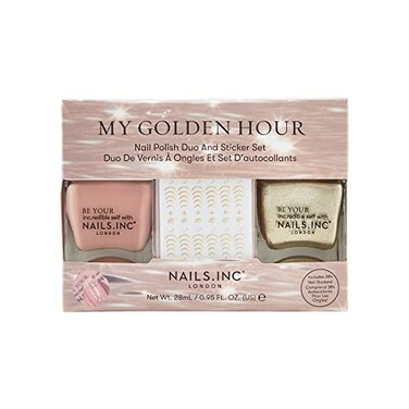 Nails Inc My Golden Hour Nail Polish &amp; Nail Sticker Duo &ndash; Longwear Pink Nude &amp; Gold Shimmer Polish with 384 Star Nail Stickers &ndash; Glossy, Chip-Resistant Formula for Salon-Quality Manicure