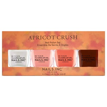 Nails Inc Apricot Crush 4-Piece Nail Polish Set &ndash; Longwear Glossy Nail Lacquer in Earthy Desert Tones &ndash; Includes Pearl, Peach, Orange &amp; Dark Brown Shades &ndash; Chip-Resistant, Salon-Quality Formula