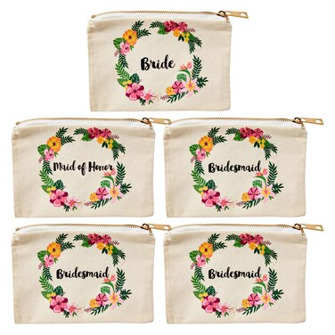 Juvale Set of 5 Floral Bridesmaid Makeup Bag Gifts for Wedding Day, Bridal Shower, Bachelorette Party Favors (7 x 4 Inches)