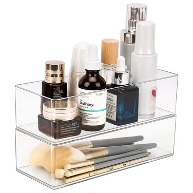 JessLab Acrylic Organizer, 2PK Cube Sections Makeup Organizer for Drawer, Makeup Organizer for Vanity, Countertop, Bathroom, Kitchen and Cabinet Storage(1+1 Compartment)