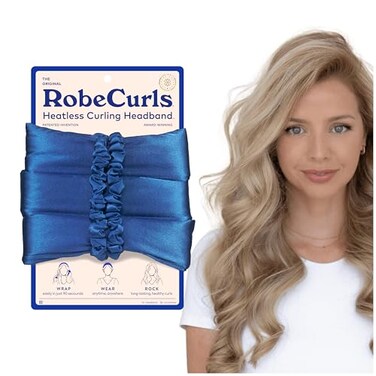 RobeCurls Heatless Hair Curler Set - Satin Curling Headband for No-Heat Curls - Sleep in Overnight Styling Tool with 2 Scrunchies - Easy &amp; Gentle on Hair (Cobalt)