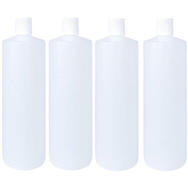 32oz 28/410 HDPE Plastic Cylinder Squeeze Bottles with Dispensing White Press Disc Top Caps, for Shampoo, Conditioner, Lotion, Any Liquid Products, Multi-Use Refillable Bottles (Pack of 4)