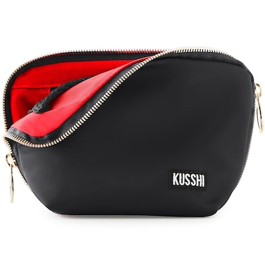 KUSSHI Washable Travel Makeup Bag for Purse (Everyday, Satin Black/Red)