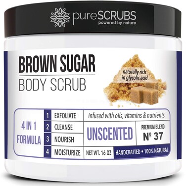 pureSCRUBS Premium Unscented Brown Sugar Body Scrub   Large 16oz Jar   Face, Feet &amp; Full Body Scrub   Includes Wooden Spoon, Loofah &amp; Mini Exfoliating Bar Soap