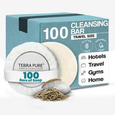 Terra Pure White Tea &amp; Coconut Soap   Travel Size Toiletries Bulk Set for Hotel Essentials   0.6 oz Bar Soap   100 Pieces