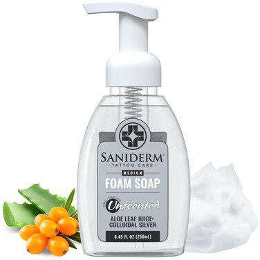 Saniderm Foaming Tattoo Soap (8.45oz Home Size) &ndash; Gentle Soap for Tattooed Skin, Infused with Antimicrobial Colloidal Silver, Aloe Vera, and Nourishing Sea Buckthorn Oil