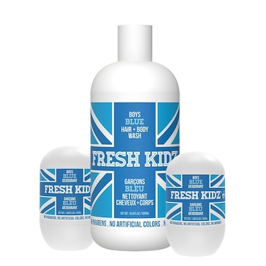 Fresh Kidz Hair &amp; Body Wash 16.9 fl.oz. and 2 Roll On Deodorants 1.86 fl.oz. for Kids and Teens - Boys Blue Set