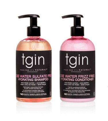 tgin Rose Water Shampoo + Conditioner Duo for Curly, Coily and Wavy Hair, Sulfate Free, with Rose Water, Acai Berries, Nourishes and Detangles Dry, Color Treated Hair, 13 oz