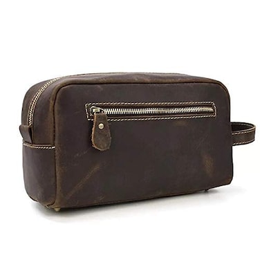 Calissimo Genuine Leather Dark Brown Travel Tote Bag - Dopp Kit - Shaving Kit. Large Capacity Toiletry Bag