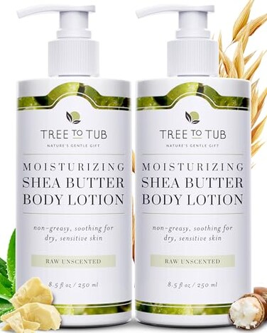 Tree to Tub Unscented Shea Butter Body Lotion for Dry Skin - Fragrance Free Sensitive Skin Lotion for Women &amp; Men, Vegan Body Moisturizer w/Organic Aloe Vera, Cocoa Butter, Natural Colloidal Oatmeal