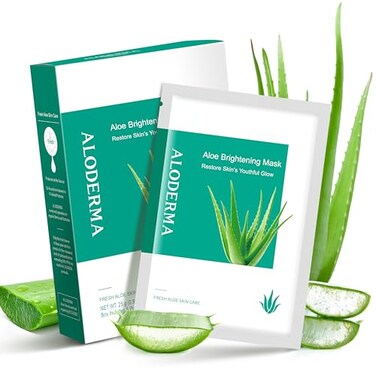 Aloderma Brightening Sheet Masks with 88% Organic Aloe Vera - 5 Pack Facial Masks with Niacinamide, Arginine for Radiant Skin - Evens Skin Tone &amp; Revitalizes Rough, Dull Skin - Aloe Face Mask Sheet