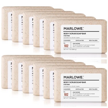 MARLOWE. No. 102 Men's Body Scrub Soap 7 oz (12 bars)   Earthy Oud Wood Scent   Best Exfoliating Bar for Men   Made with Natural Ingredients   Green Tea Extract   Updated Scent (12-Pack)
