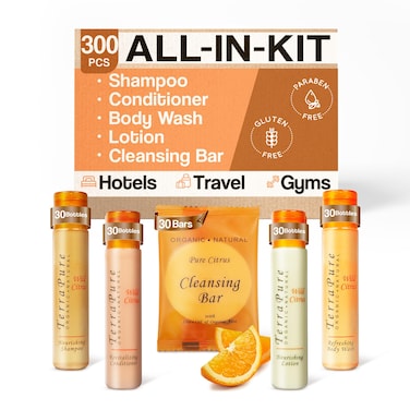 Terra Pure Wild Citrus Hotel Amenities Set   1-Shoppe Amenities Kit   1oz Shampoo, Conditioner, Body Wash, Lotion, Bar Soap   Travel Size   300 Pieces