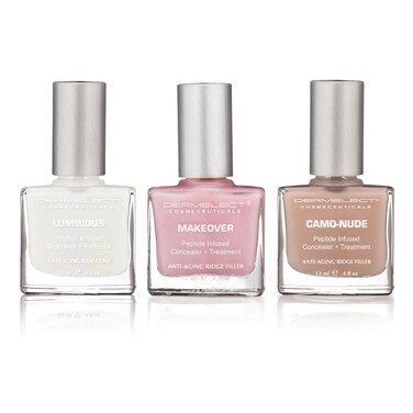 Dermelect Instant Nail Makeover Trio - Luminous Nail Brightener, Makeover Ridge Filler &amp; Camo-Nude Base Coat - Strengthen &amp; Conceal Damaged Nails, Peptide Infused, Nail Repair &amp; Treatment (3 pc Set)