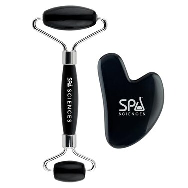 SPA SCIENCES - Obsidian Roller &amp; Gua Sha - Black Obsidian Stone Contouring Set
