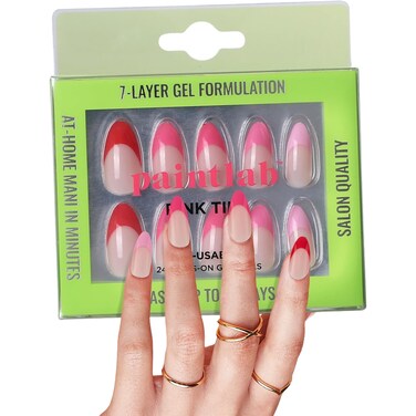 PaintLab Press-On Nails Manicure Kit, Pink Tip - Almond, 24-Piece Set, Long-Lasting Fake Nails with Glue, File, Prep Pad &amp; Cuticle Stick
