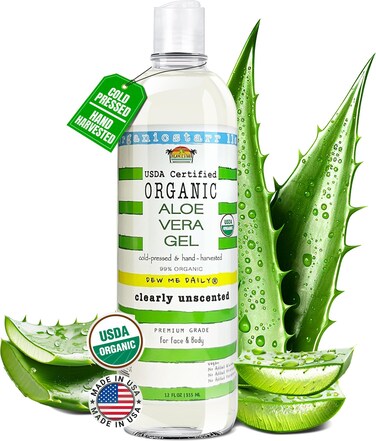 USDA Certified Organic Aloe Vera Gel 12 oz - 100% Pure, Cold Pressed, Hand Harvested, Unscented, Chemical-Free - Skin &amp; Hair Care, Sunburn Relief, Made in USA