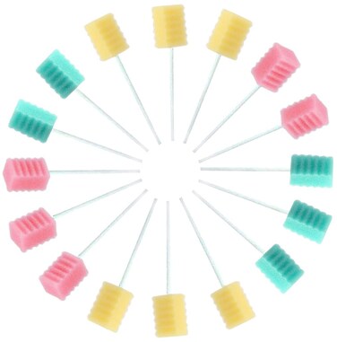 Oral Swabs Disposable 300 Pcs Each Individually Wrapped Swabsticks Toothettes Mouth Swabs Sponge Dental Care Zigzag Wave Shaped 3 Color Multi-Color Soft Foam Yellow Green Pink