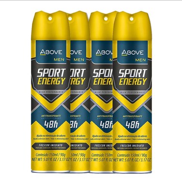 ABOVE Sport Energy - 48 Hours Antiperspirant Deodorant for Men - Woody, Floral Fragrance - Dry Spray Protects Against Sweat and Body Odor - Delivers Instant Freshness - Alcohol Free - 4 pc