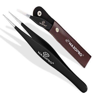 Professional Sharp Tweezers Pointed Tip   Stainless Steel, Fine Tip Needle Nose Tweezers for Women and Men   Facial &amp; Eyebrow Hair, Ticks, Precision Splinter &amp; Ingrown Hair Removal by MAXOPRO &ndash; Black