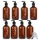 IMPRESA [8 Pack Plastic Amber Bottles with Pump &amp; Funnel for Easy Refill - 16oz Pump Bottle - Refillable with Labels - Body Wash Dispenser - Shower Containers for Shampoo, Conditioner and Soap