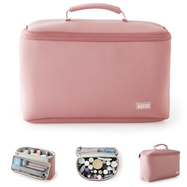 KUSSHI Neoprene Train Case Makeup Bag - Washable Makeup Travel Bag &amp; Vanity Case for Stress Free Travel (Large, Mauve/Stone)