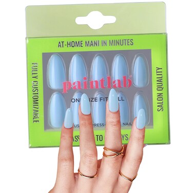 PaintLab Press-On Nails Manicure Kit, Periwinkle Blue Almond, 24-Piece Set, Long-Lasting Fake Nails with Glue, File, Prep Pad &amp; Cuticle Stick