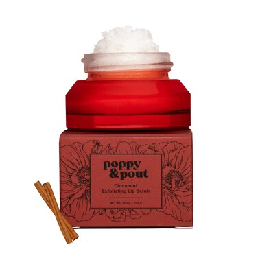 Poppy &amp;amp; Pout Natural Lip Scrub, Moisturizing Sugar Scrub for Dry Lips, Lip Scrubber Exfoliator with Essential Oils Smooths and Hydrates Lips, In Recyclable Glass Jars, Cruelty Free - Cinnamint