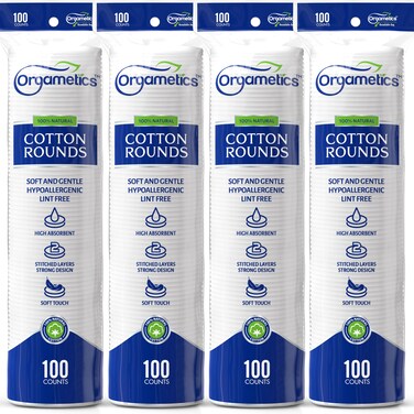 Orgametics Cotton Rounds, 100% Natural Turkish Cotton Premium Makeup Remover and Facial Cleansing Round Pads, Lint Free, Hypoallergenic and Ultra Soft, Luxury Quality (400 Count-Pack of 4)