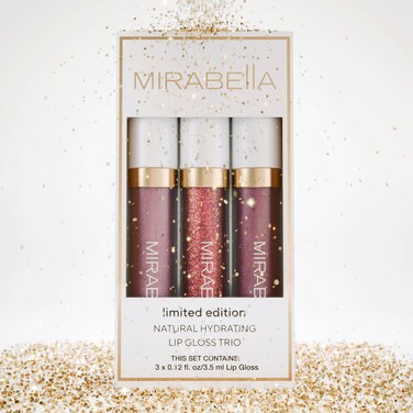 Mirabella 3 Pack Lip Gloss Trio - Highly Pigmented Shimmer Lip Gloss Non Sticky with Hydrating Medical Grade Lanolin for Chapped Lips, Lip Gloss for Women Set of 3 Shades
