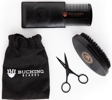 Starter Grooming Kit - Includes Travel Bag, Wooden Comb with Pouch, Bristle Brush, and Mustache Scissors