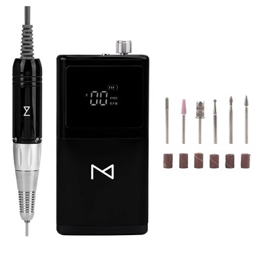 M - E-ZDrill Rechargeable Cordless Nail Drill, 35k RPM, Smart Speed &amp; Battery LCD, Portable Lightweight, Forward/Reverse, Aluminum Metal, Acetone Resistant (Black)