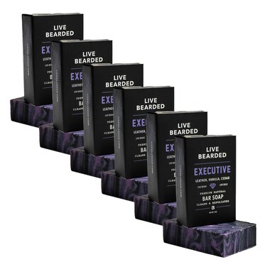 Live Bearded All-Natural Bar Soap for Men, 6-Pack of 5 oz - Made in the USA - Exfoliates and Moisturizes - Charcoal, Pumice, Shea Butter   Executive Scent - Cedar, Vanilla