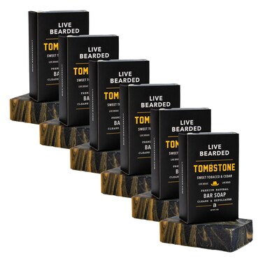 Live Bearded All-Natural Bar Soap for Men, 6-Pack of 5 oz - Made in the USA - Exfoliates and Moisturizes - Charcoal, Pumice, Shea Butter Tombstone Scent - Sweet Tobacco, Cedar