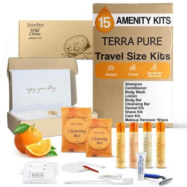 Terra Pure Amenity &amp; Accessory Kit  1 oz Travel Size Shampoo, Conditioner, Lotion, Body Wash, 2 Cleansing Bars, Shave &amp; Dental Sets, Make-Up Remover Wipes, &amp; Vanity Kit   15 sets per case