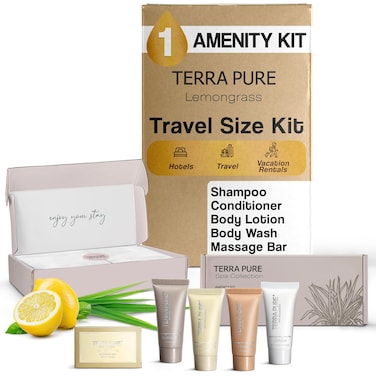 Terra Pure Spa Collection Amenity Kit   Hotel Bulk Toiletries   0.85 oz Shampoo, Conditioner, Lotion, Body Wash, Massage Bar for Guest Hospitality Vacation Rentals   1 Set/Case