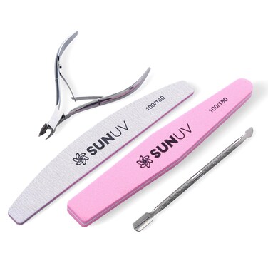SUNUV 4PCS Cuticle Nippers, Cuticle Pusher with Nail File and Nail Buffer Set, Professional Stainless Steel Durable Pedicure Manicure Nail Care Tools
