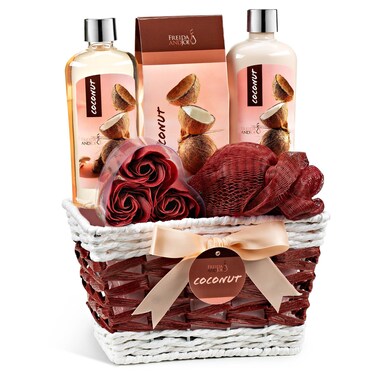 Coconut Spa Gift Basket, 6-Piece Bath &amp; Body Set with Shower Gel, Body Lotion, Bath Salts, Soap Flowers, Bath Sponge in a Wicker Basket Valentines Gift for Women