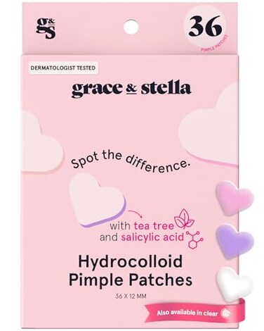 grace &amp; stella Pimple Patches for Face- Heart Hydrocolloid Zit Stickers that Help Soothe &amp; Conceal Breakouts - Colorful Covers for Acne Prone Skin - Dermatologist-Tested, Vegan (Heart, 36 Count)